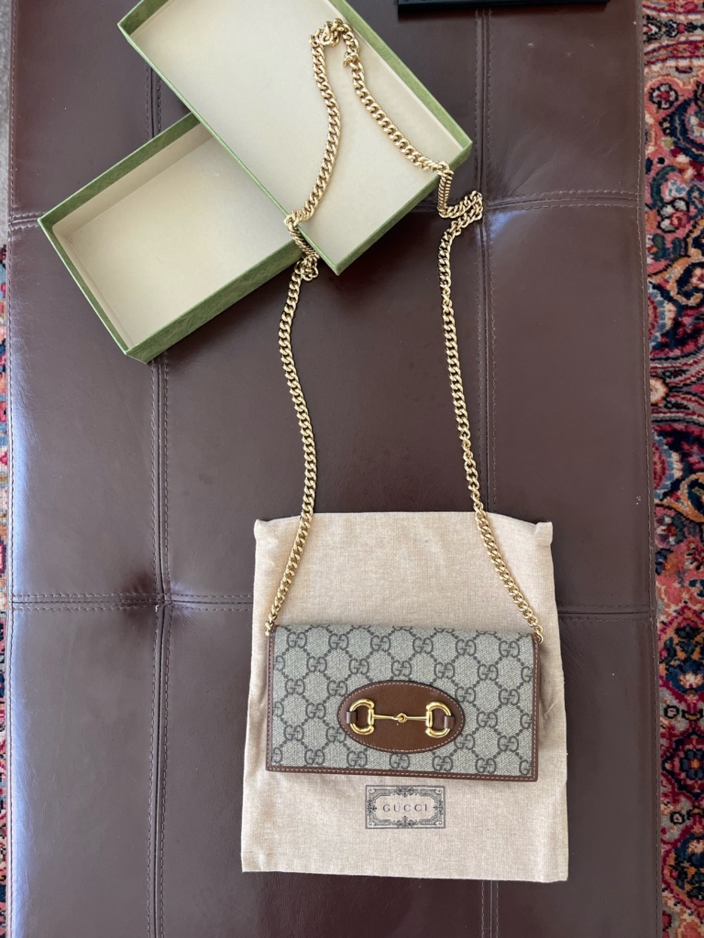 Gucci Brown/Beige GG Canvas Horsebit Chain Wallet - Picture 2 of 9